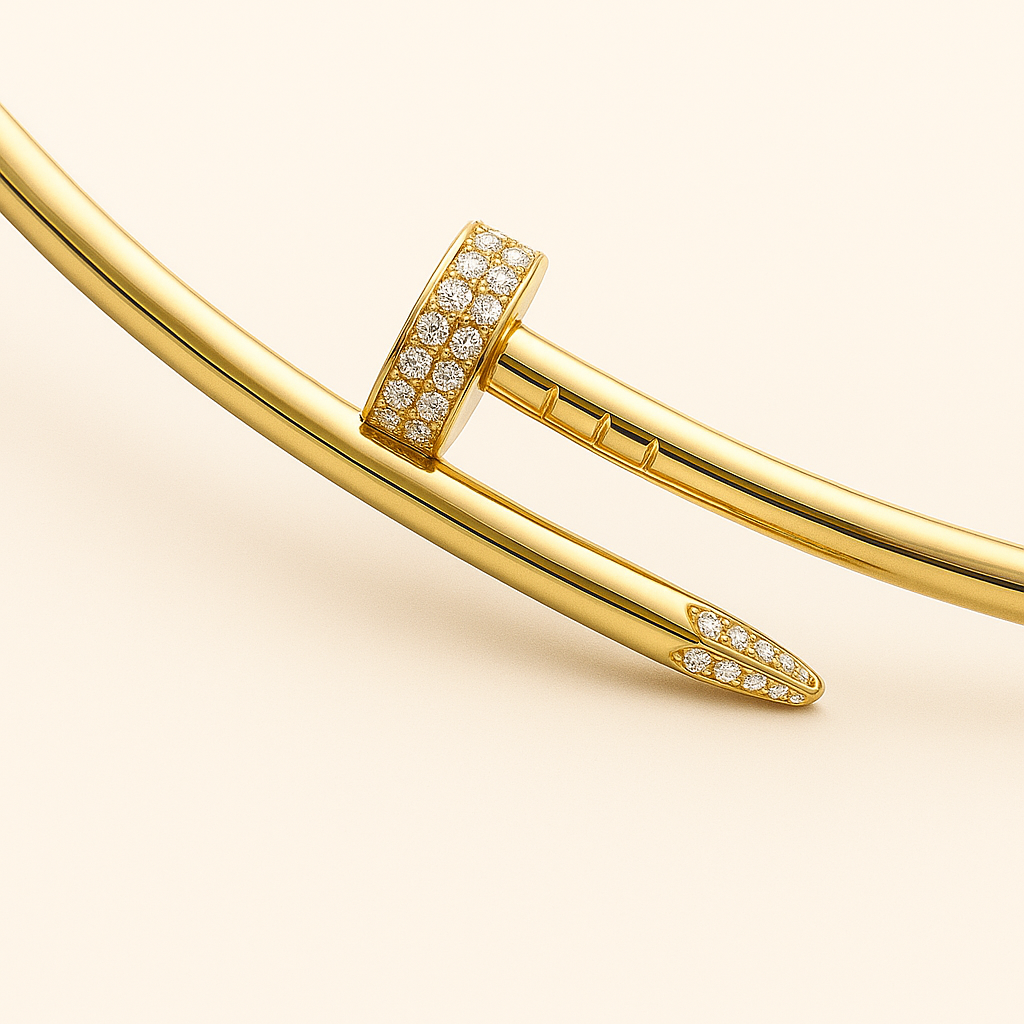 Gold nail bracelet with diamond accents on a beige background, luxury jewelry, elegant design, high-end fashion accessory, sparkling gemstones.