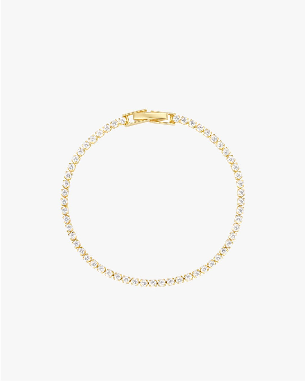 Gold tennis bracelet with round-cut diamonds, elegant clasp, and minimalist design on a white background. Perfect for luxury jewelry enthusiasts.