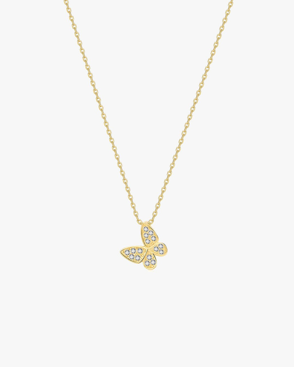 Gold butterfly pendant necklace with sparkling crystals on a delicate chain, elegant jewelry for women, perfect for fashion and gift occasions.