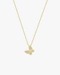 Gold butterfly pendant necklace with sparkling crystals on a delicate chain, elegant jewelry for women, perfect for fashion and gift occasions.