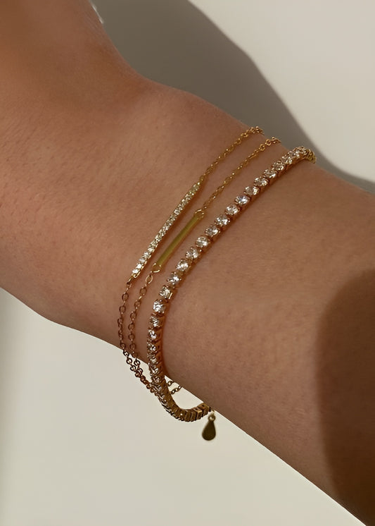 Gold Chain Bracelet with Double Strand and Pavé Bar Accent