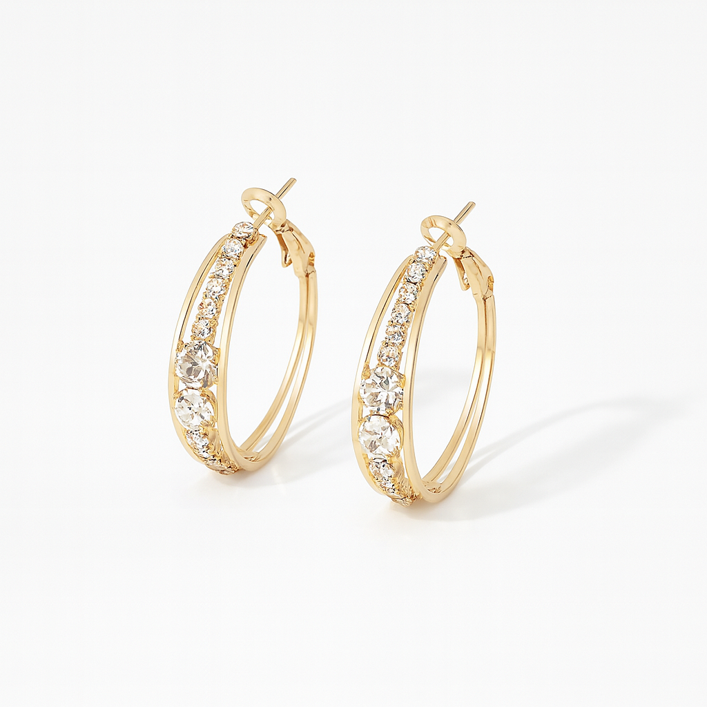 Gold Hoop Earrings with Round Clear Zirconia Accents