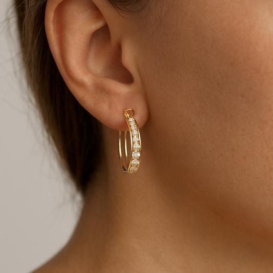 Gold Hoop Earrings with Round Clear Zirconia Accents