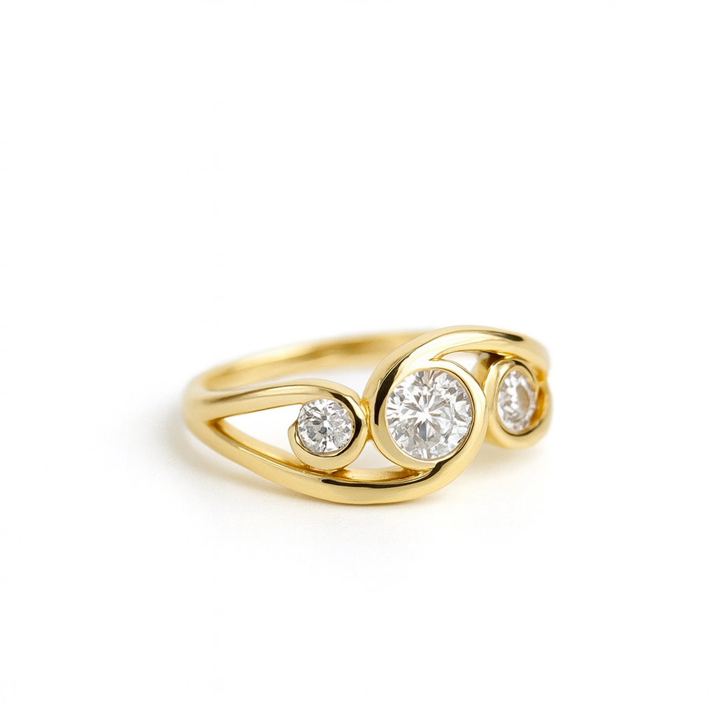 Gold ring with three round diamonds, elegant swirl design, luxury jewelry, engagement ring, sparkling gemstones, high-quality craftsmanship.