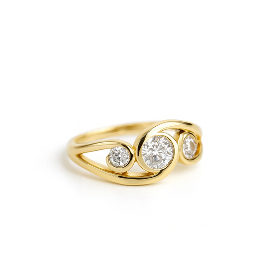 Gold ring with three round diamonds, elegant swirl design, luxury jewelry, engagement ring, sparkling gemstones, high-quality craftsmanship.
