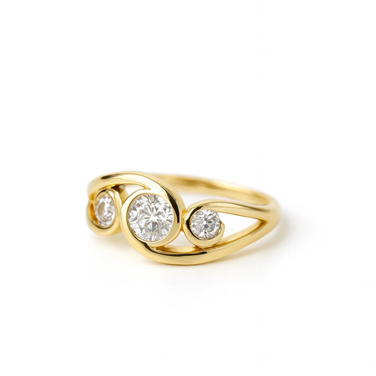 Gold ring with three round diamonds, elegant swirl design, luxury jewelry, engagement ring, sparkling gemstones, fine craftsmanship.
