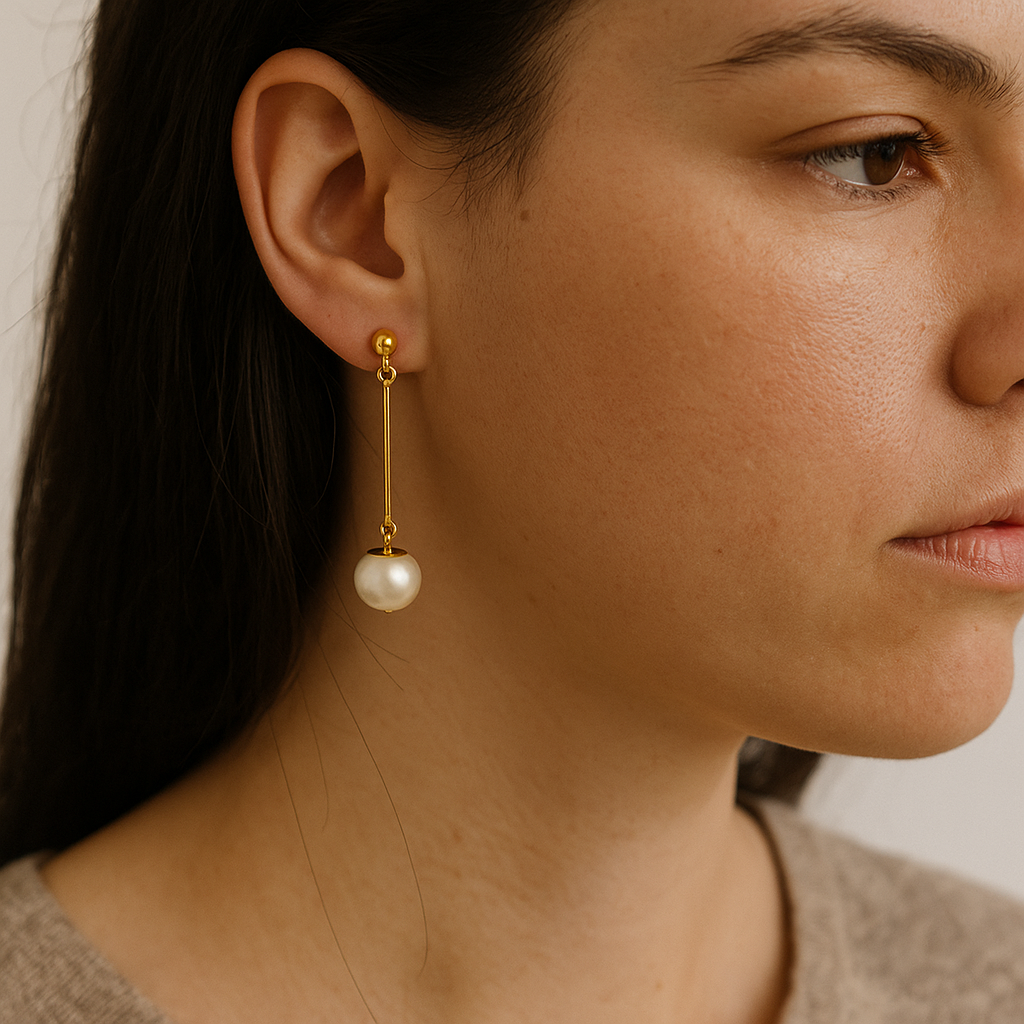 Gold Tone Dangling Earrings with Round White Pearls
