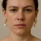 Close-up of a woman wearing pearl earrings against a neutral background