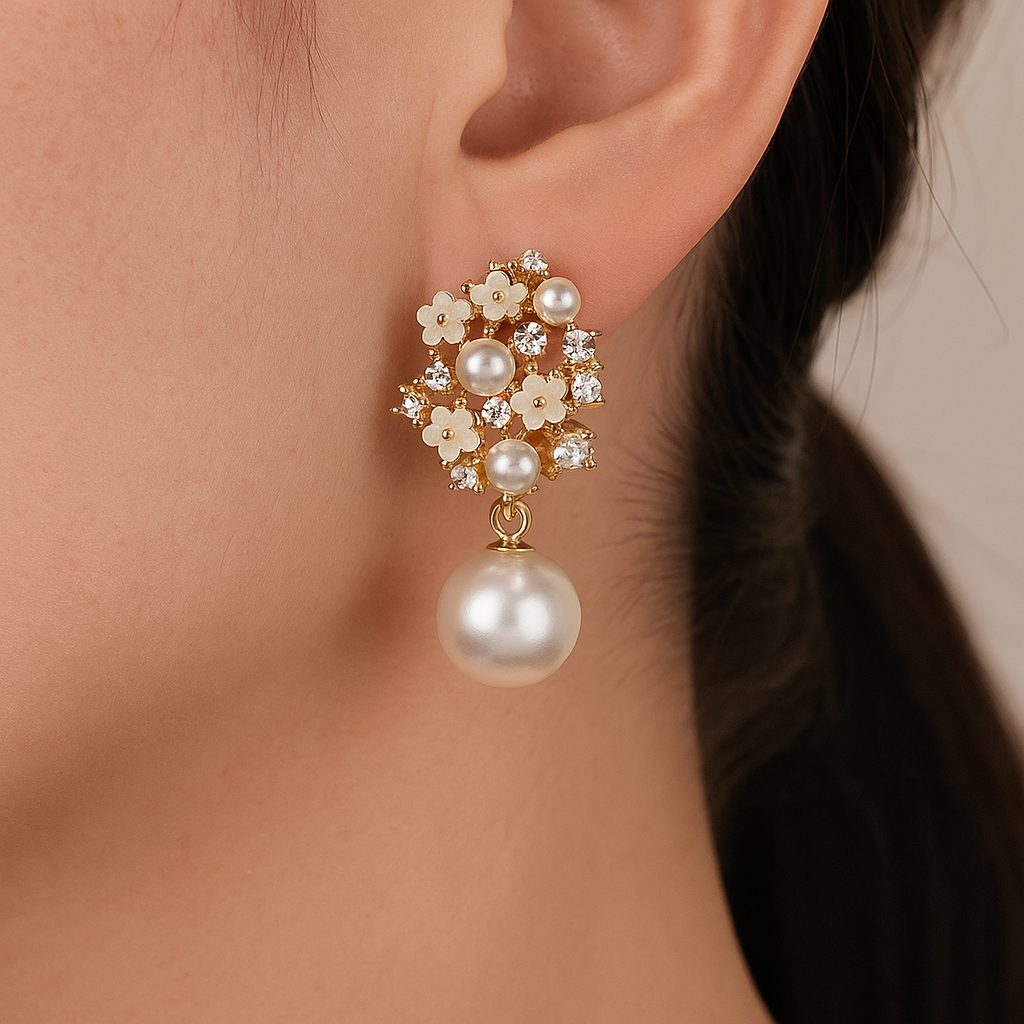 Close-up of an earring with pearls and floral designs on a blurred background