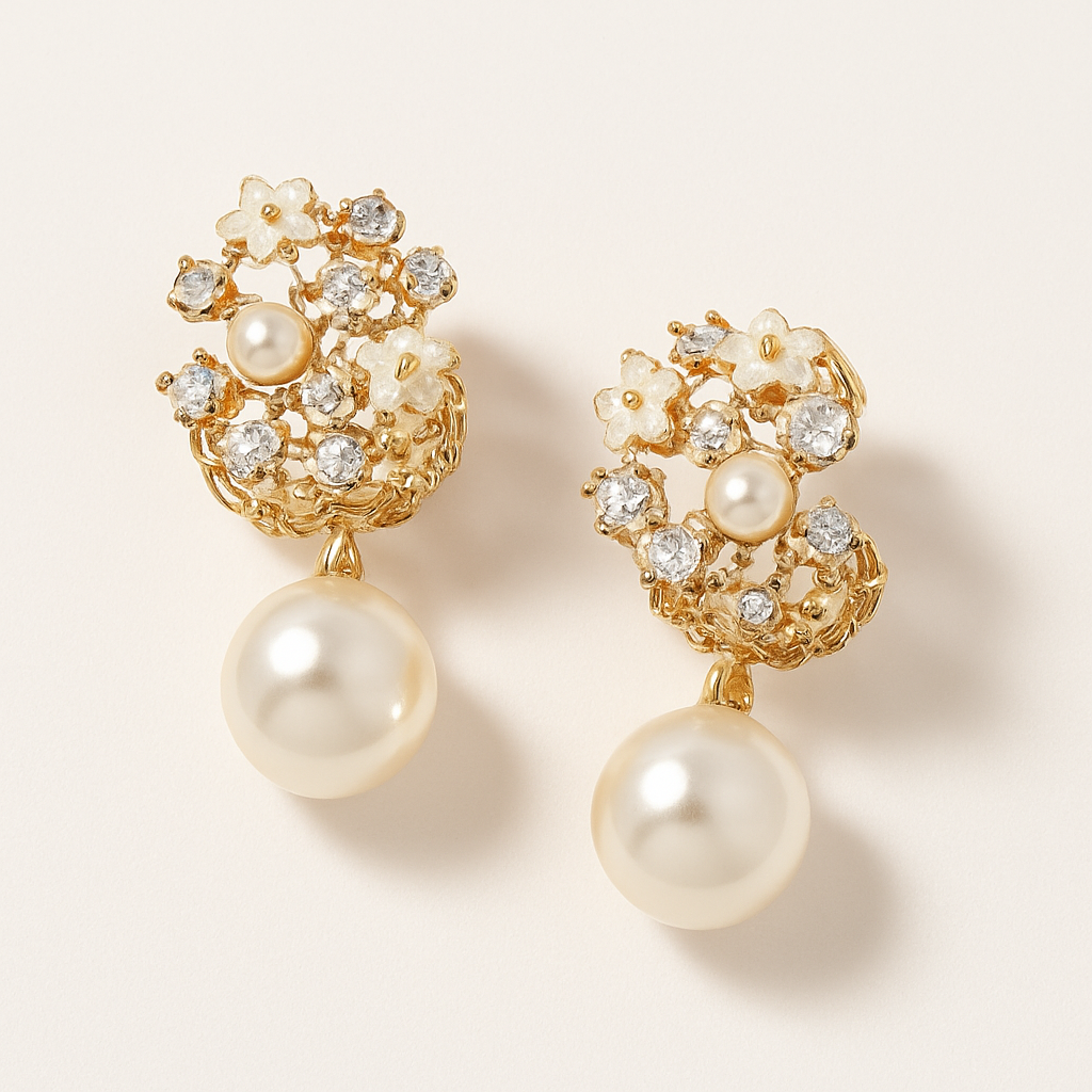 Gold earrings with pearls and crystals on a light background
