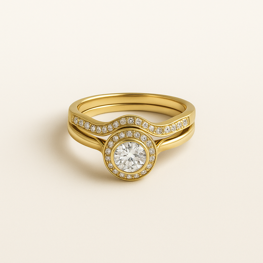 Gold Zirconia Bridal Ring Set with Halo and Curve Band