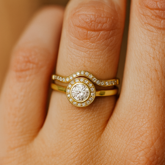 Gold Zirconia Bridal Ring Set with Halo and Curve Band