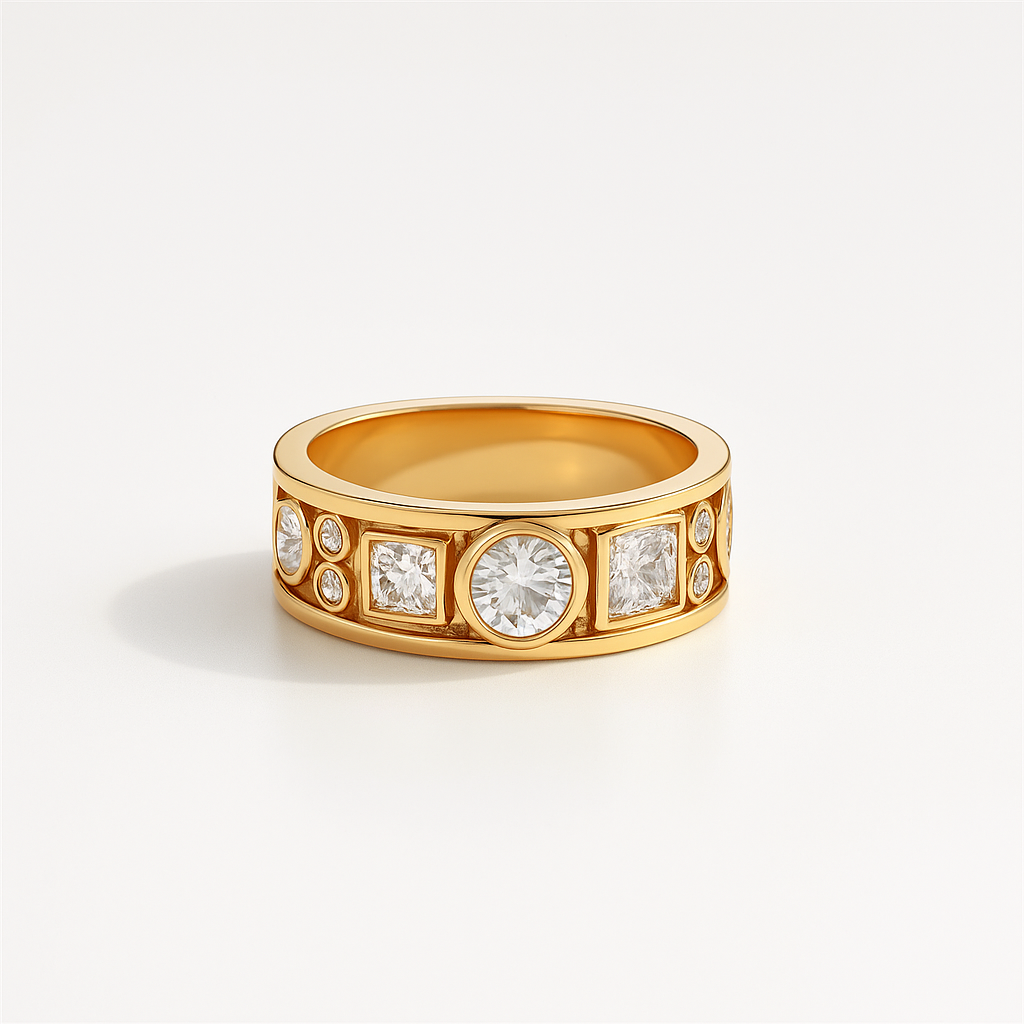 Gold ring with embedded diamonds on a light beige background