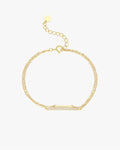 Gold double-chain bracelet with a rectangular diamond-studded bar and adjustable heart-shaped clasp. Elegant jewelry accessory.