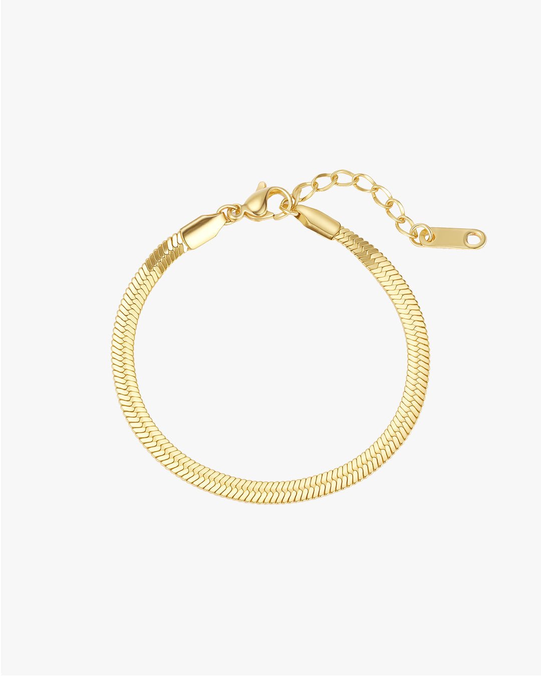 Gold herringbone chain bracelet with lobster clasp and adjustable extender, elegant jewelry accessory, perfect for fashion and style enthusiasts.
