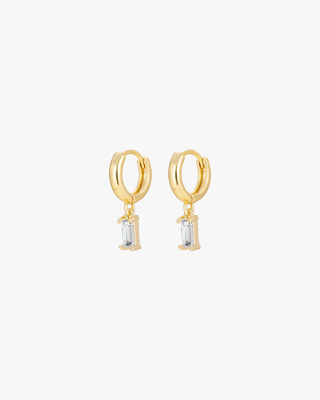 Gold hoop earrings with dangling rectangular crystal charms, minimalist jewelry, elegant accessory, women's fashion, stylish gold earrings.