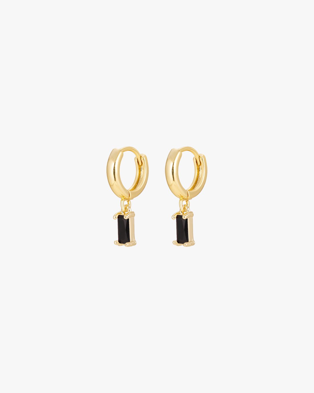 Gold hoop earrings with black rectangular pendants, minimalist jewelry, elegant fashion accessory, women's trendy gold earrings, chic style.