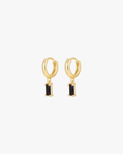 Gold hoop earrings with black rectangular pendants, minimalist jewelry, elegant fashion accessory, women's trendy gold earrings, chic style.