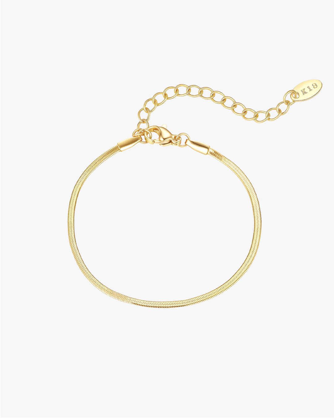 Gold snake chain bracelet with lobster clasp and adjustable extender, featuring a minimalist design. Perfect for elegant jewelry styling.