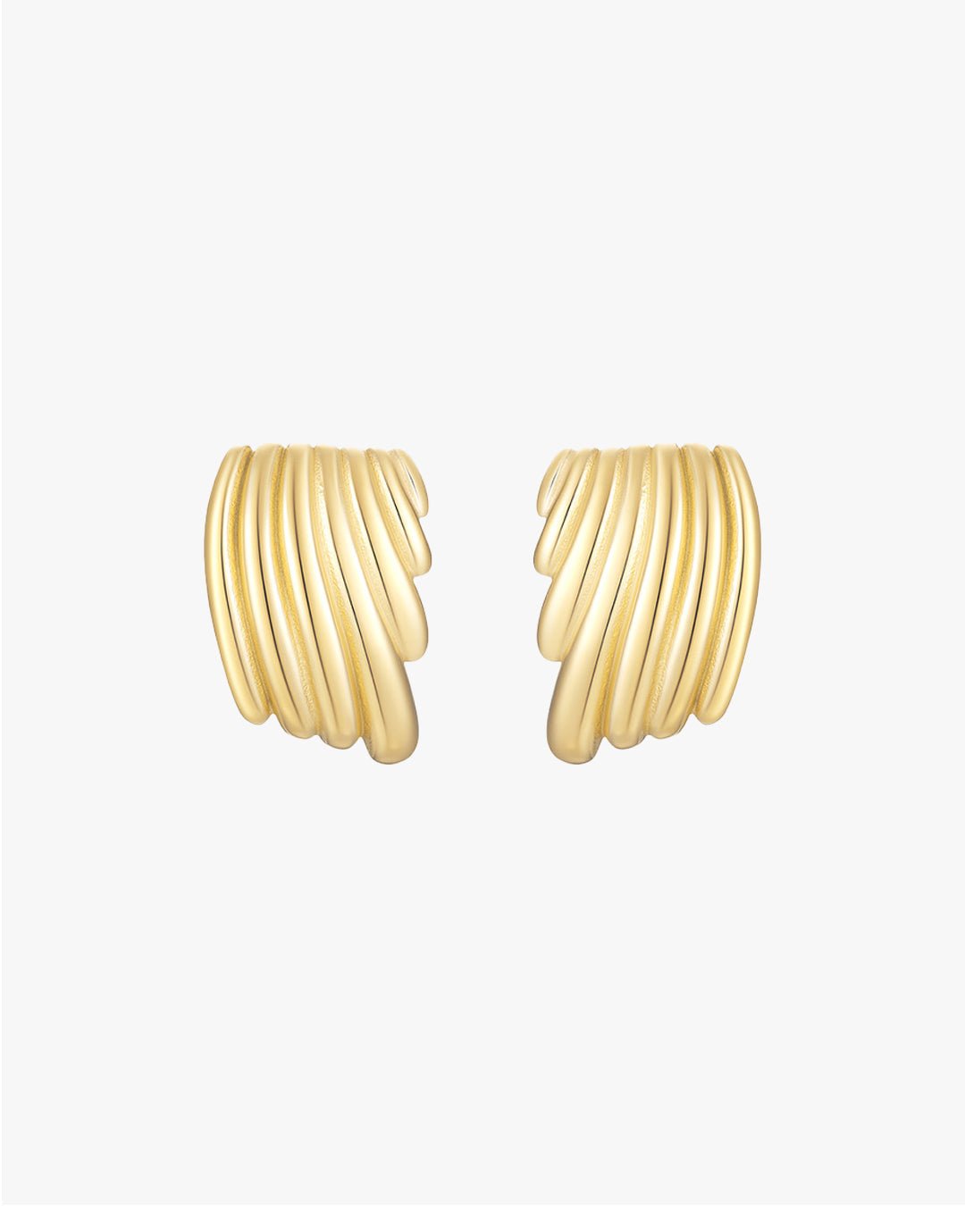 Gold ribbed hoop earrings on white background, elegant jewelry, textured design, fashion accessories, women's gold earrings, stylish statement piece.