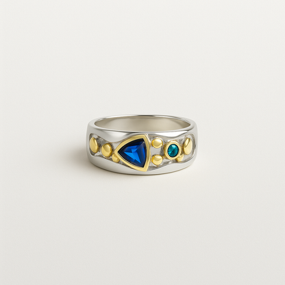 Silver ring with gold accents and blue and green gemstones on a light gray background