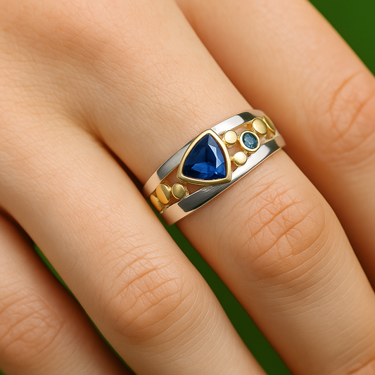 Gold and silver ring with a blue gemstone on a finger against a green background