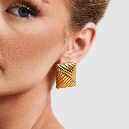 Gold Plated Leaf Textured Stud Earrings – Bold Geometric Statement Earrings for Women