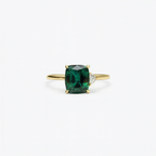 Gold ring with a cushion-cut green gemstone and a small diamond accent, elegant jewelry design, perfect for engagement or special occasions.