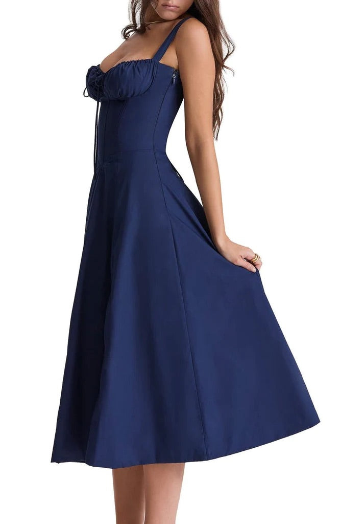 Floral Square Neck Bustier Sundress - Sleeveless Y2k Midi Dress with Slit and Corset Back
