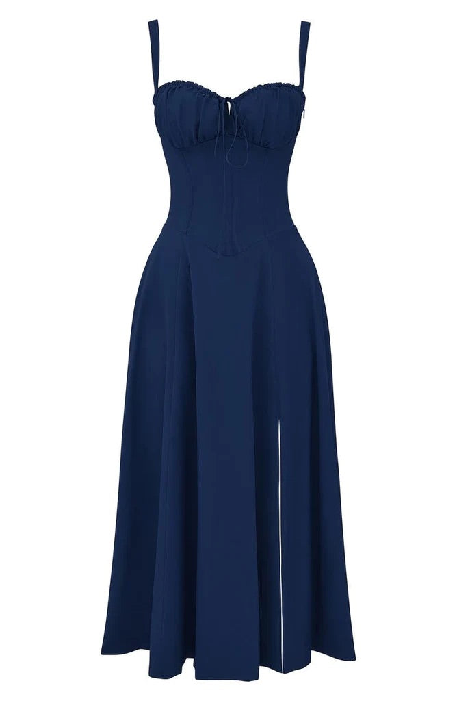 Floral Square Neck Bustier Sundress - Sleeveless Y2k Midi Dress with Slit and Corset Back
