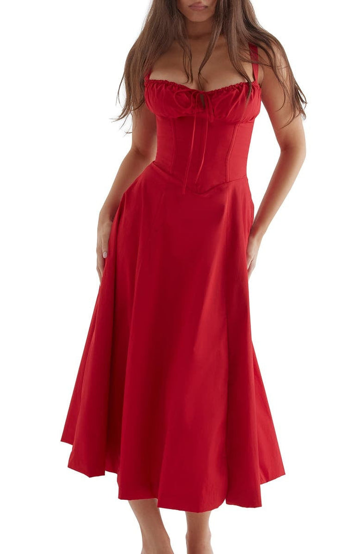 Floral Square Neck Bustier Sundress - Sleeveless Y2k Midi Dress with Slit and Corset Back