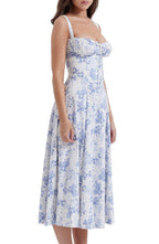 Floral Square Neck Bustier Sundress - Sleeveless Y2k Midi Dress with Slit and Corset Back