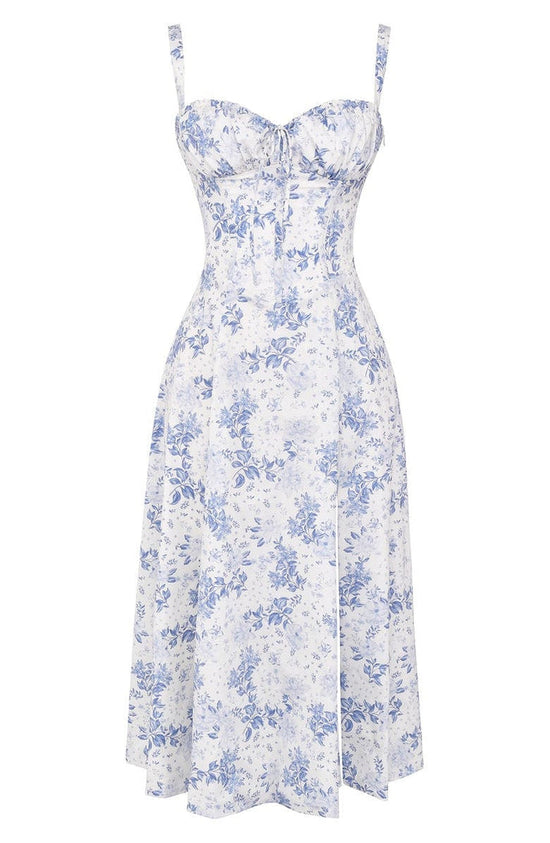 Floral Square Neck Bustier Sundress - Sleeveless Y2k Midi Dress with Slit and Corset Back