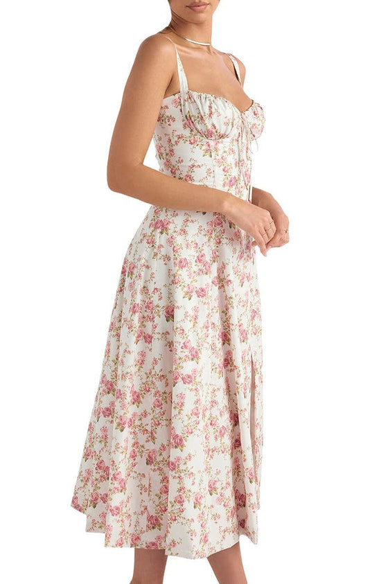 Floral Square Neck Bustier Sundress - Sleeveless Y2k Midi Dress with Slit and Corset Back