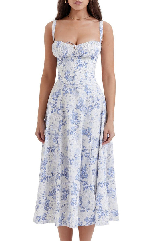 Floral Square Neck Bustier Sundress - Sleeveless Y2k Midi Dress with Slit and Corset Back