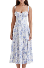 Floral Square Neck Bustier Sundress - Sleeveless Y2k Midi Dress with Slit and Corset Back