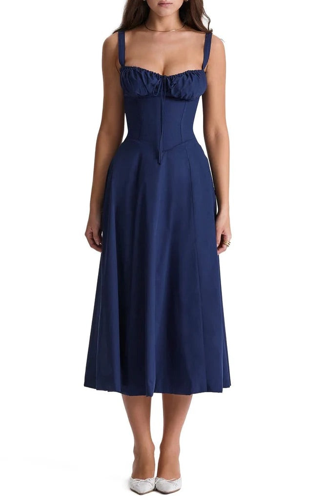 Floral Square Neck Bustier Sundress - Sleeveless Y2k Midi Dress with Slit and Corset Back