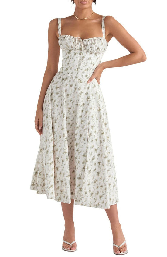 Floral Square Neck Bustier Sundress - Sleeveless Y2k Midi Dress with Slit and Corset Back