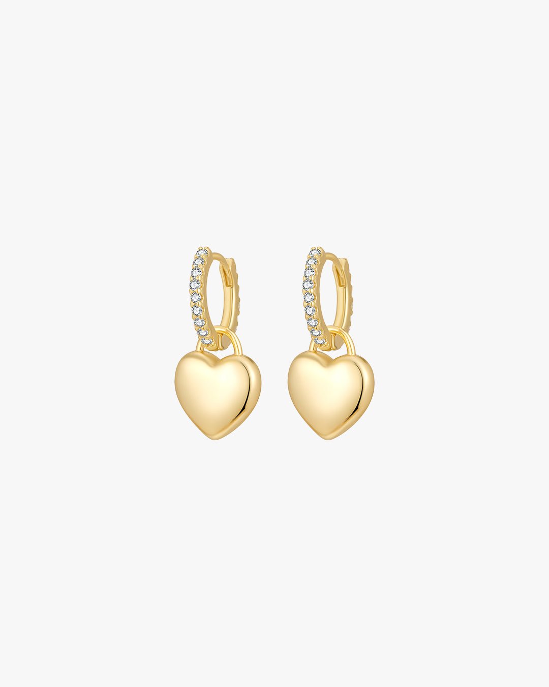 Gold heart-shaped hoop earrings on a white background