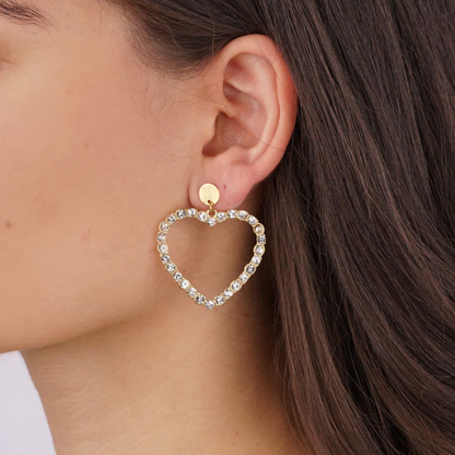 Gold Plated Crystal Heart Drop Earrings – Sparkling Open Heart Dangle Earrings for Women