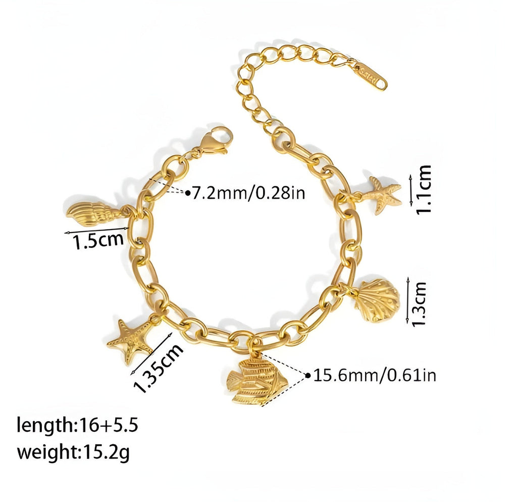 Gold bracelet with charms and measurements on a white background