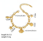 Gold bracelet with charms and measurements on a white background