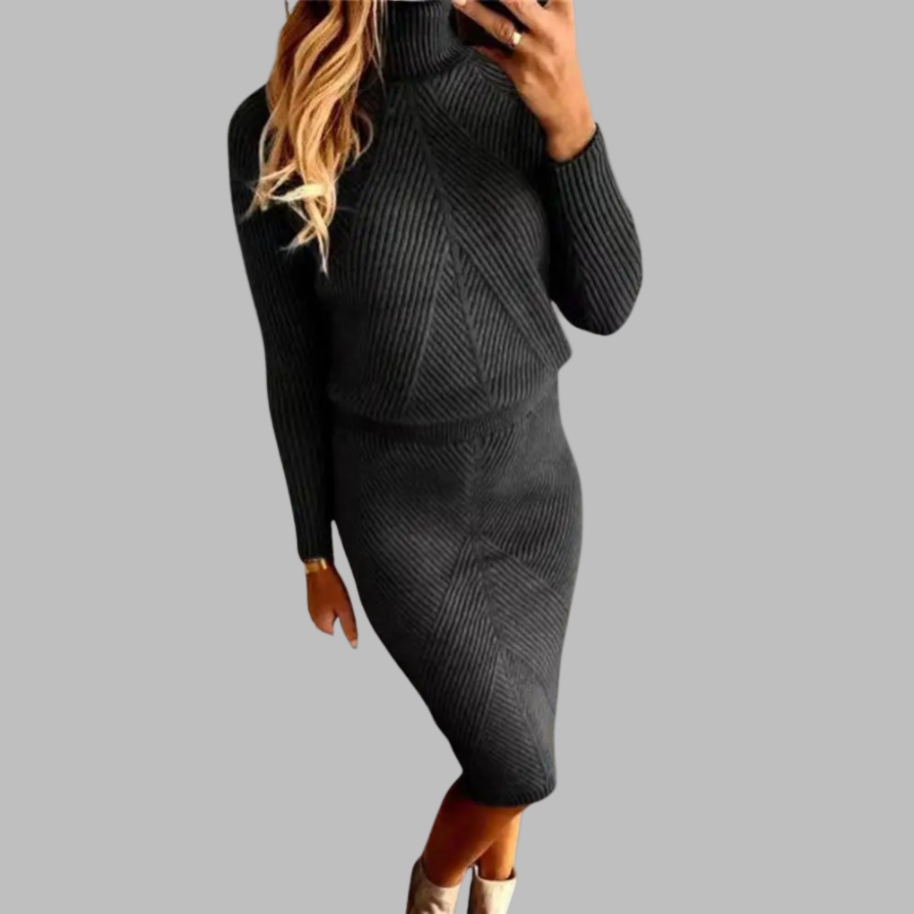 2 Piece Knit Skirt Sets for Women High Neck Sweater Soft A-Line Maxi Skirt Slim Elegant Dress Sets