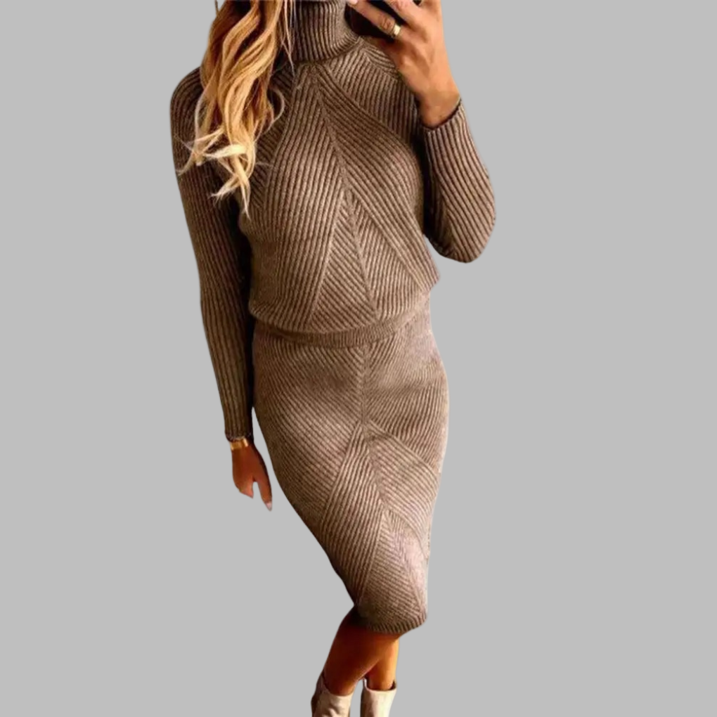 2 Piece Knit Skirt Sets for Women High Neck Sweater Soft A-Line Maxi Skirt Slim Elegant Dress Sets