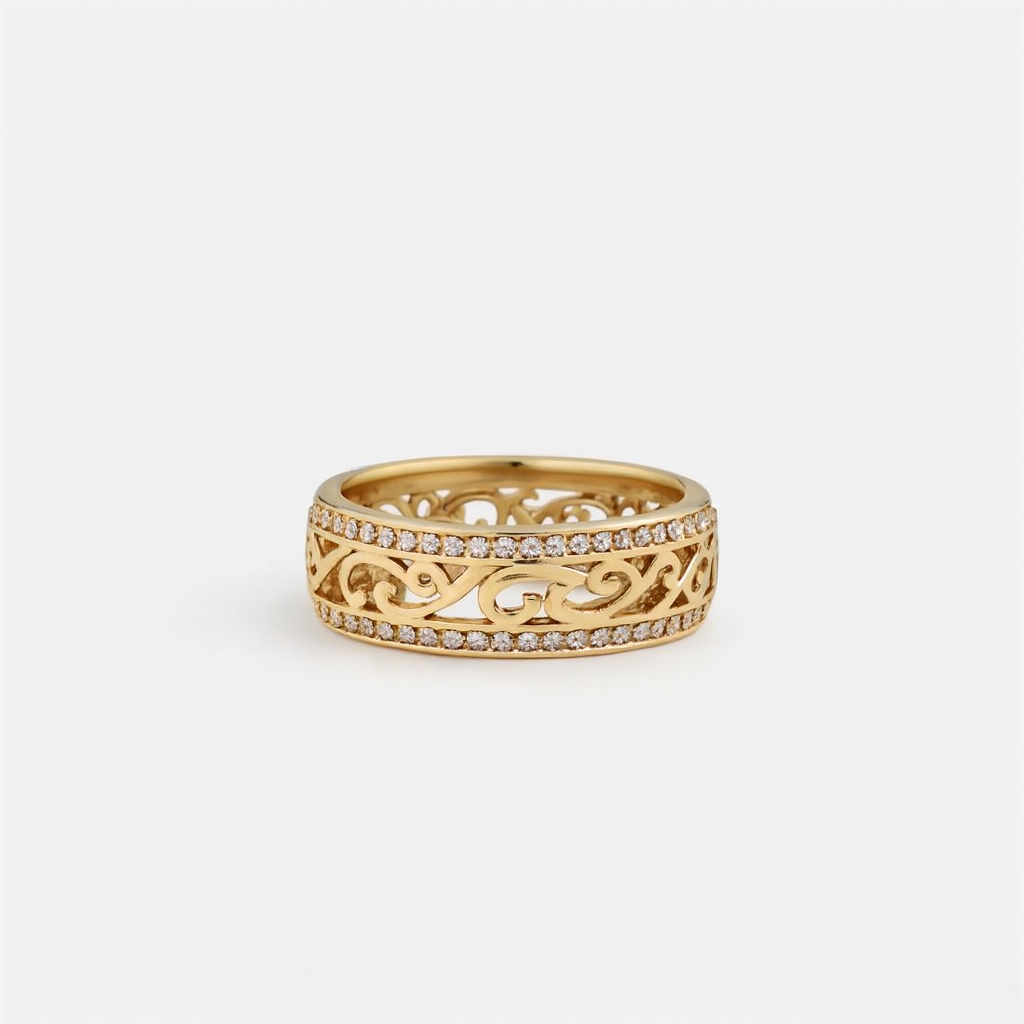 Gold filigree ring with intricate scroll design and diamond accents, luxury jewelry, elegant accessory, perfect for weddings or special occasions.