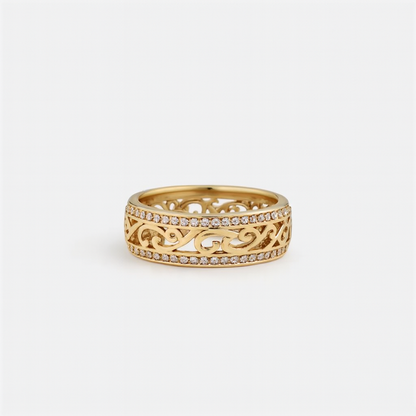 Gold filigree ring with intricate scroll design and diamond accents, luxury jewelry, elegant accessory, perfect for weddings or special occasions.