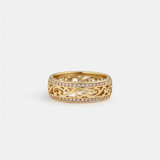 Gold filigree ring with intricate scroll design and diamond accents, luxury jewelry, elegant accessory, perfect for weddings or special occasions.