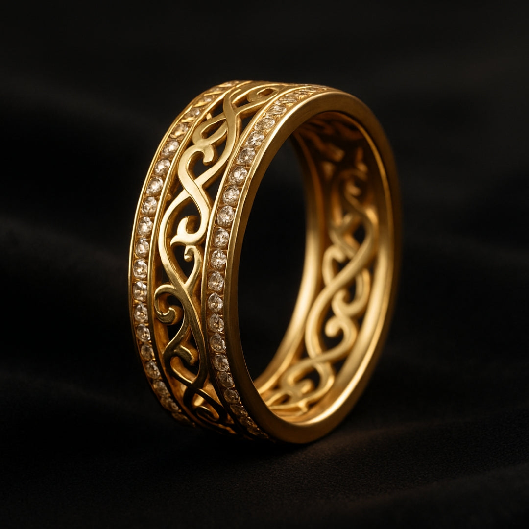 Elegant gold ring with intricate filigree design and sparkling diamond accents, luxury jewelry, perfect for weddings or special occasions.