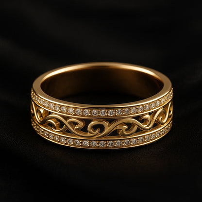 Gold ring with intricate vine design and diamond accents on a black background. Elegant jewelry, luxury accessory, ornate craftsmanship.