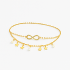 Gold infinity anklet with star and pearl charms, delicate chain, elegant jewelry accessory, perfect for fashion-forward style and gift ideas.